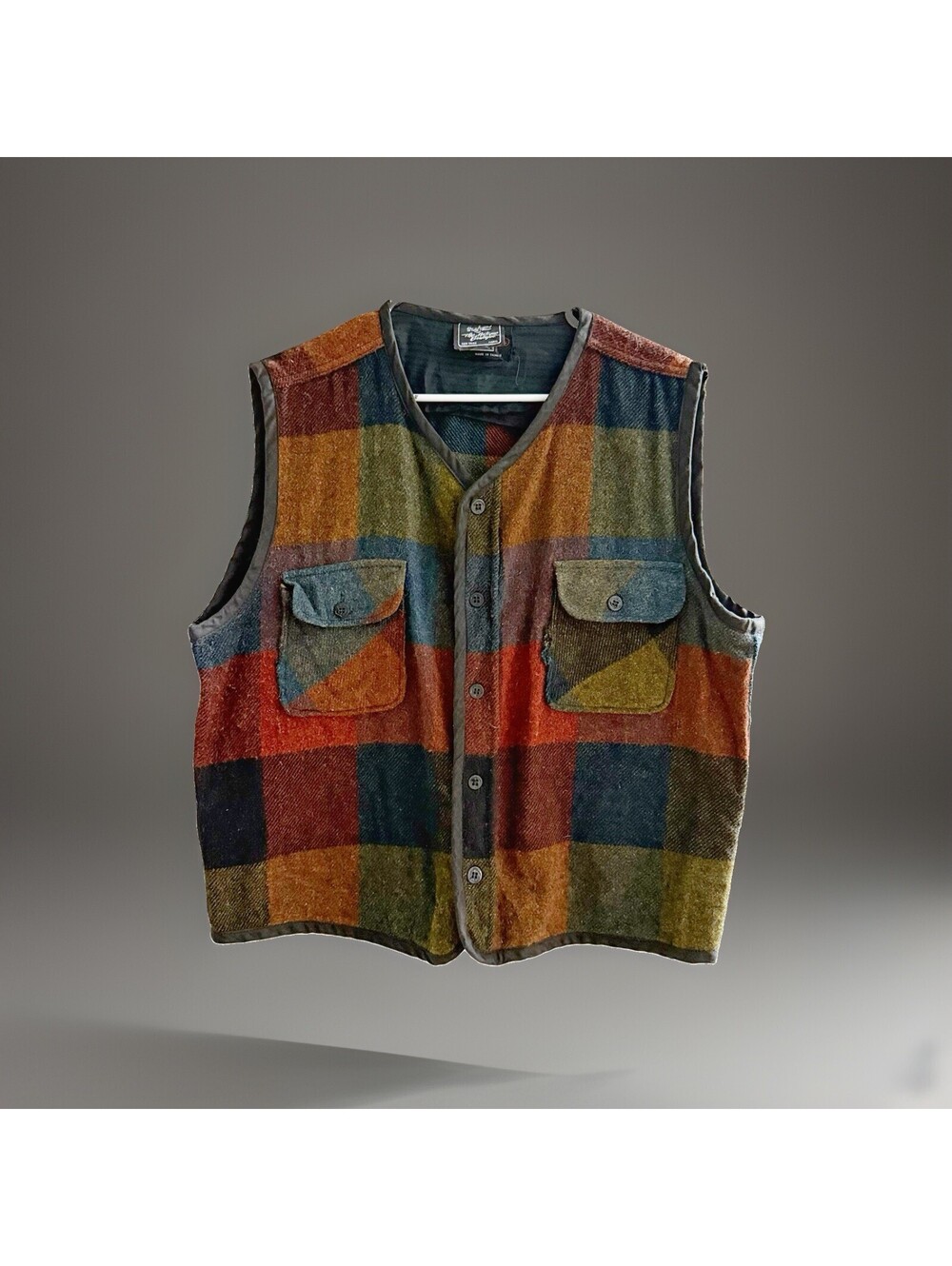 Vintage Cranbrook Plaid Wool Vest L Hunting Outdoors Patch Pocket 80s 90s